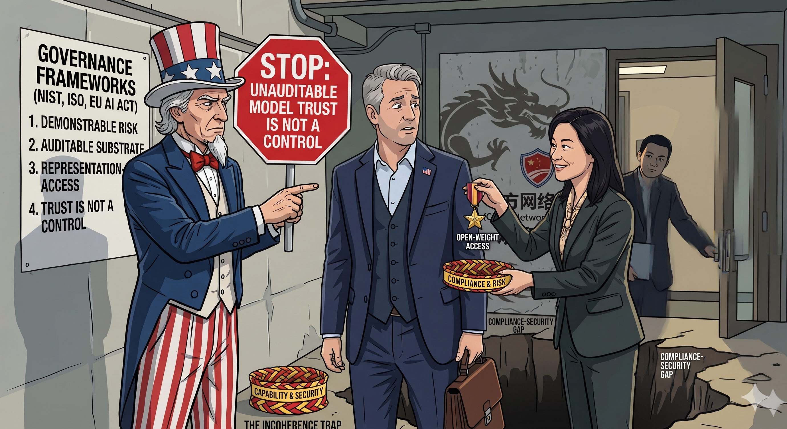 The Incoherence Trap: Uncle Sam points at governance frameworks (NIST, ISO, EU AI Act) requiring auditable AI, while a CISO stands at the compliance-security gap, and Chinese open-weight models offer what closed American models cannot.
