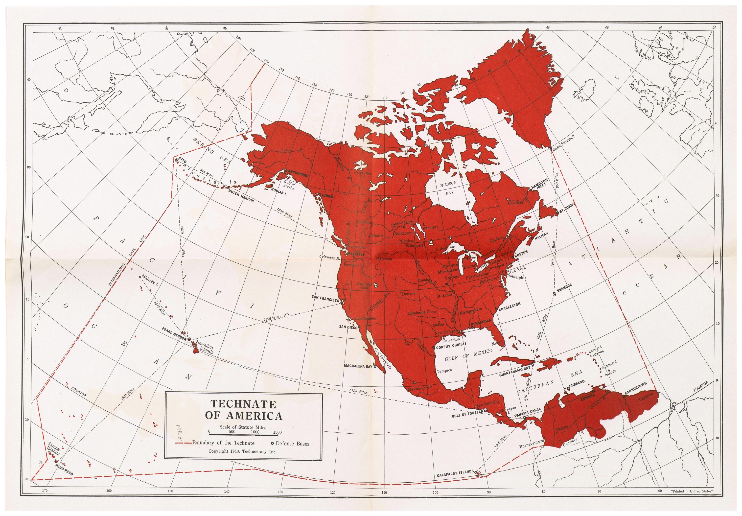 Technate of America map, 1940 · Technocracy Inc. Boundary of the proposed self-sufficient continental zone from Greenland to Panama.