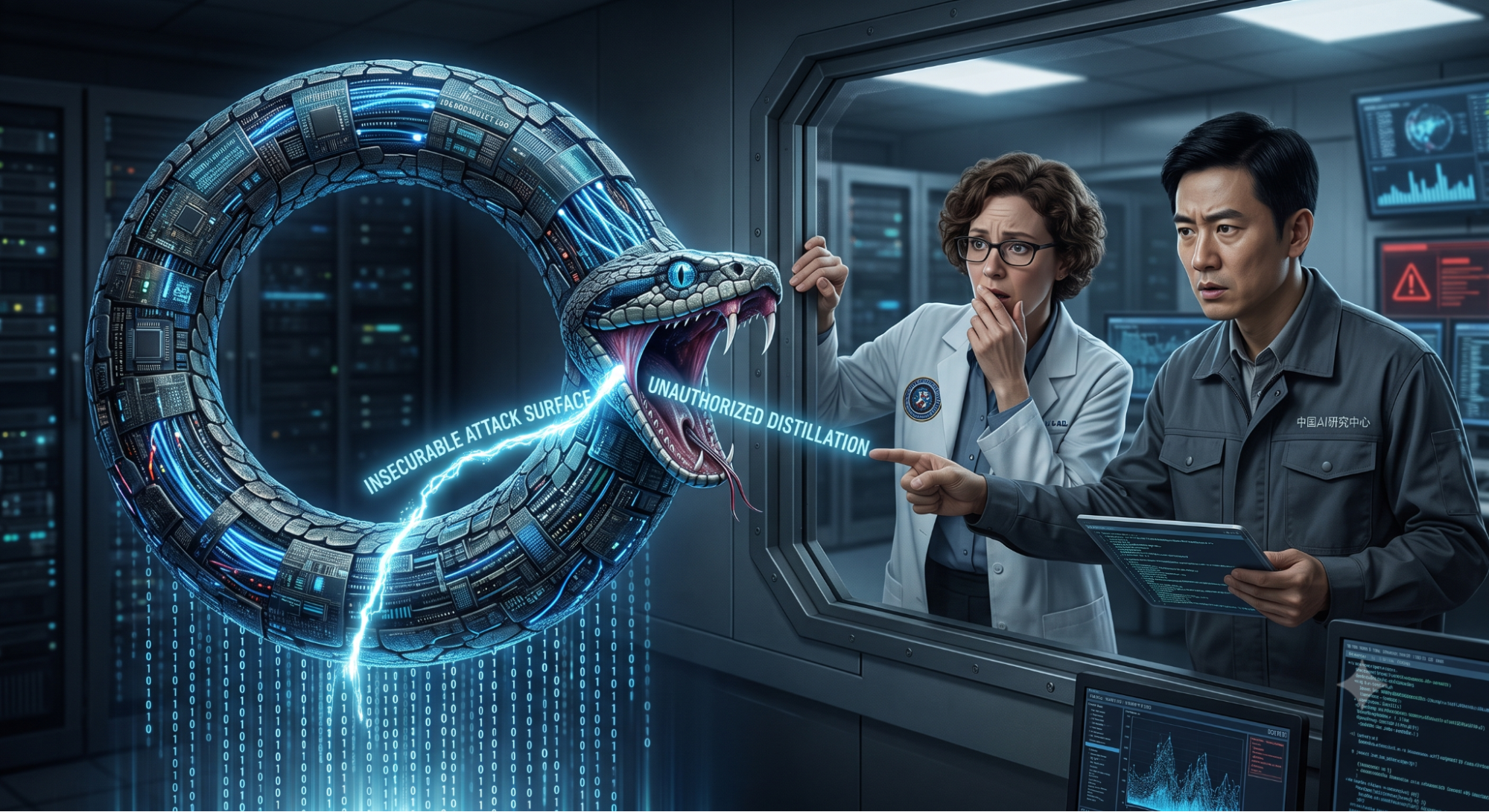 The AI Ouroboros: a circuit-board serpent biting its own tail, labeled insecurable attack surface and unauthorized distillation